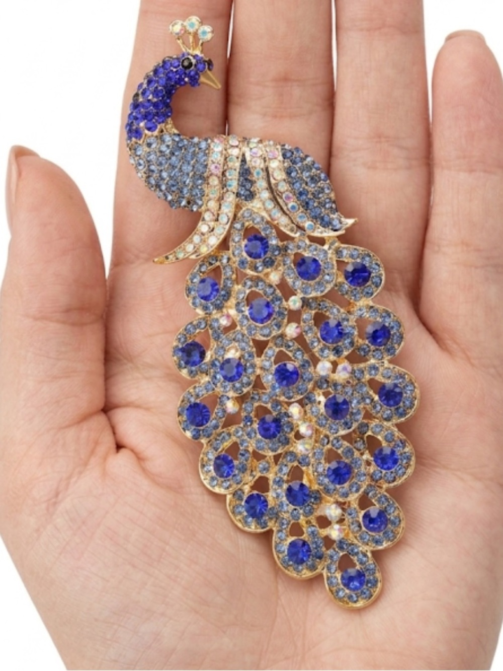 Vintage Style Royal Blue Peacock Brooch Gold Plated Large Crystal Statement Pin